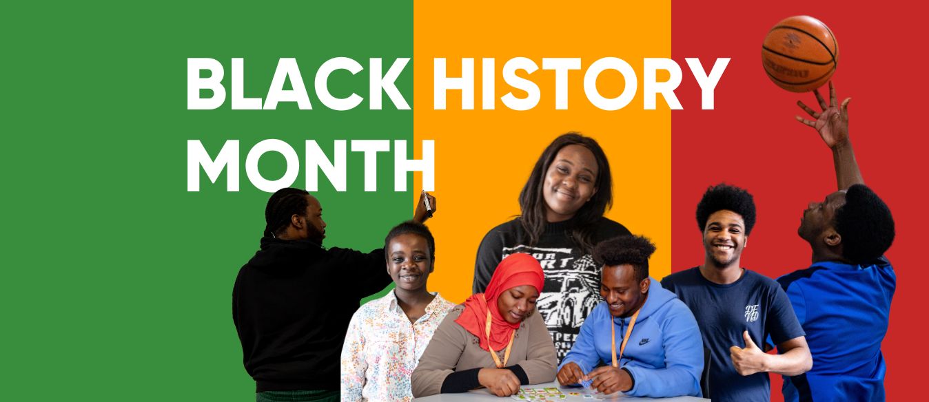 Banner celebrating Black History Month featuring diverse individuals engaged in various activities such as reading, playing basketball, and posing, set against a backdrop of the Pan-African flag colors.